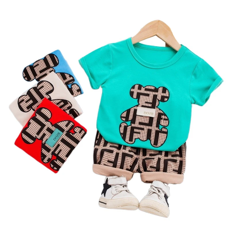 

2021Wholesale Toddler Boy Clothes Set summer short sleeve tops + shorts 2pcs Boutique baby boys clothing set, Beige,blue,red,green
