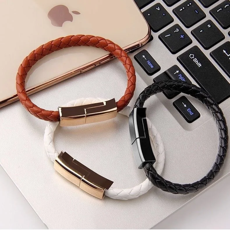 

Leather Micro USB Bracelet Charger Data Charging 20CM Cable Sync Cord For iPhone Android Type-C Phone Cable, Black/white/brown
