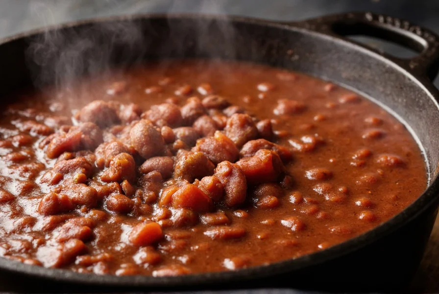 Close-up of rich, dark chili without beans in cast iron pot with steam rising