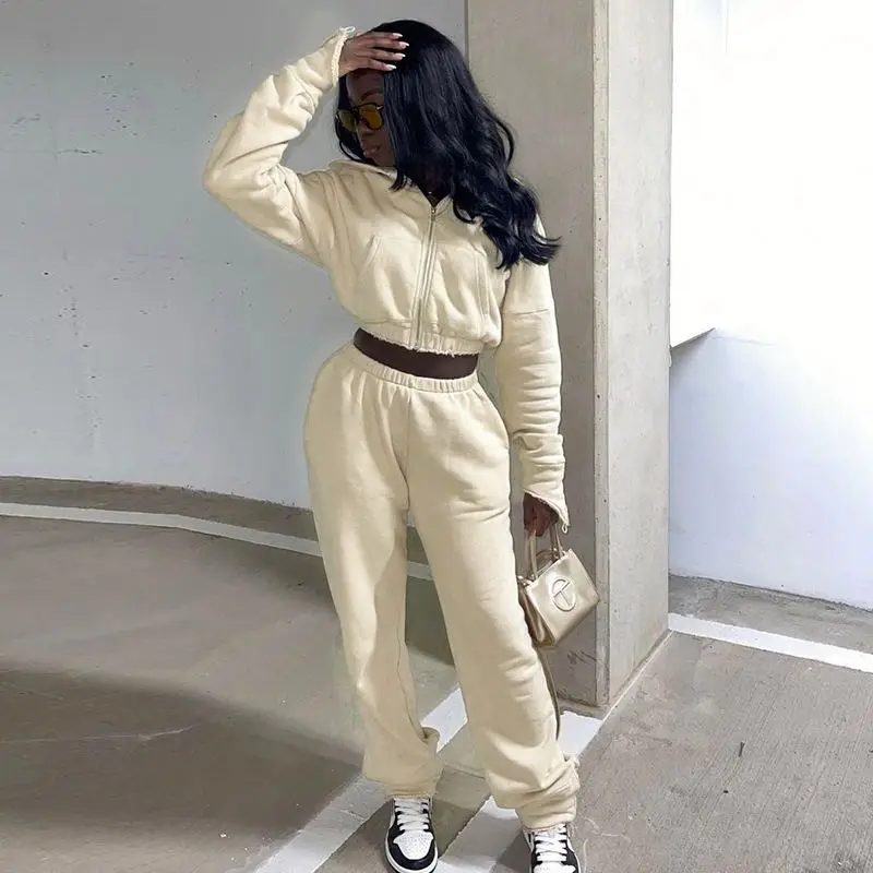 

Custom logo fleece warm sweatpants and hoodie set winter outfits casual sport tracksuit 2021 women winter clothes