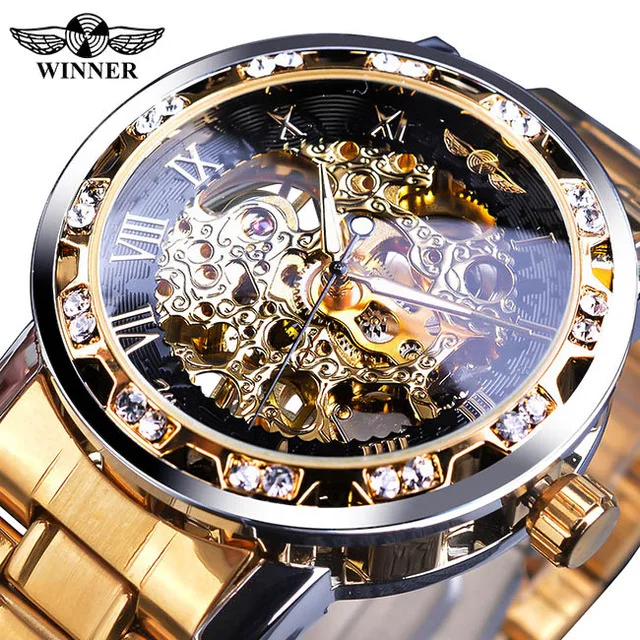 

2022 Winner New Arrived Gold Watches Classic Rhinestone Clock Roman Analog Male Skeleton Clocks Mechanical Steel Luminous Watch, 15-colors