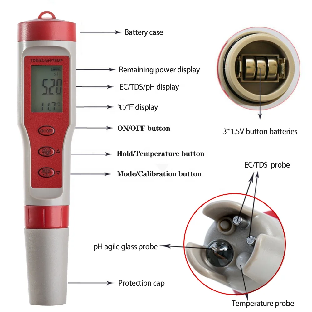 

4 IN 1 water testing ec pH conductivity tds temp meter