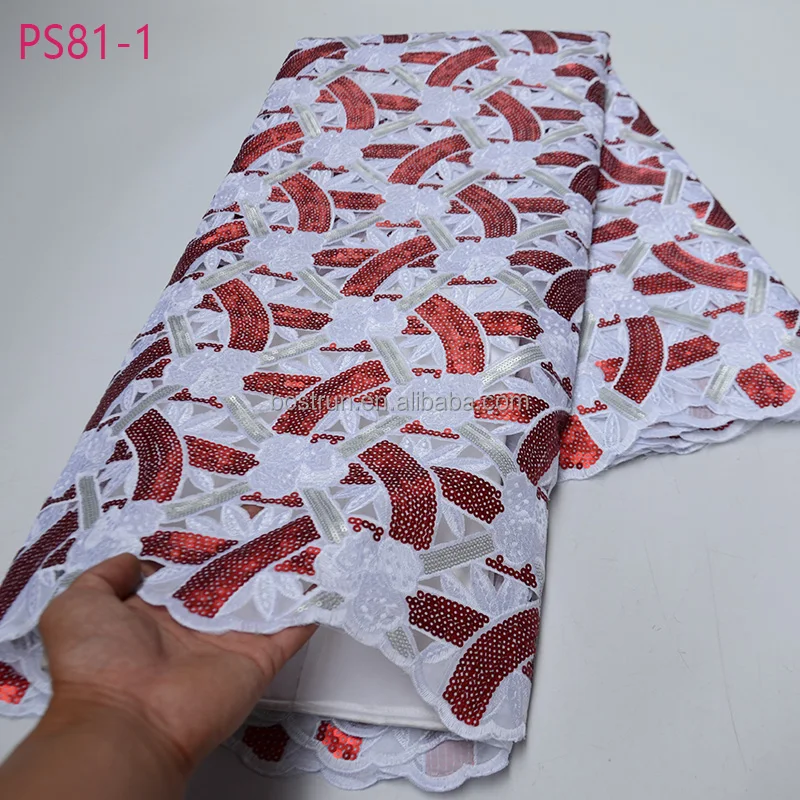 

PS81Embroidered organza fabric nigerian handcut double silk lace fabric with beads sequins stones high quality red color