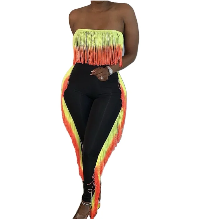 

2020 Fashion Gradient Omber Color Tassel Strapless Top Two Piece Pants Set Women Clothing, Pink,yellow