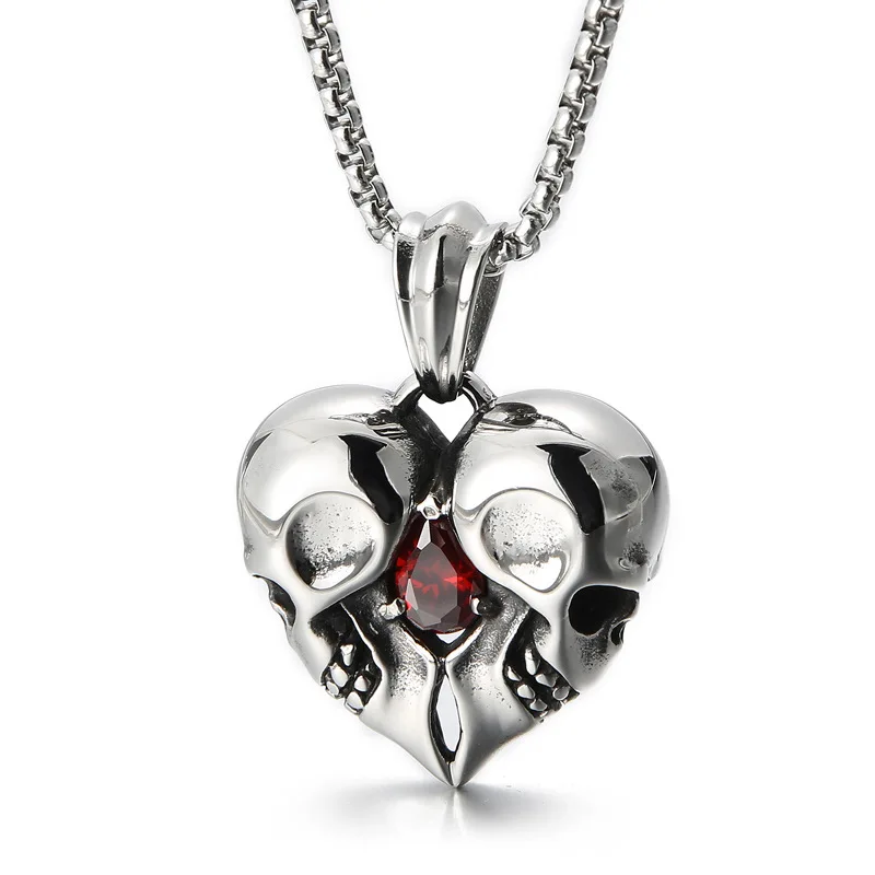 Punk jewelry stainless steel heart-shaped double skull pendant necklace