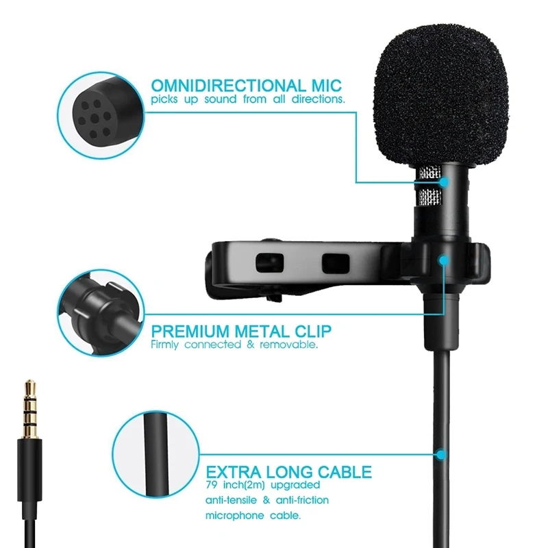 

Professional Wired Hands Free Mini Lapel Clip Lavalier Microphone  for Iphone Condenser Microphone Computer Microphone ABS, Black