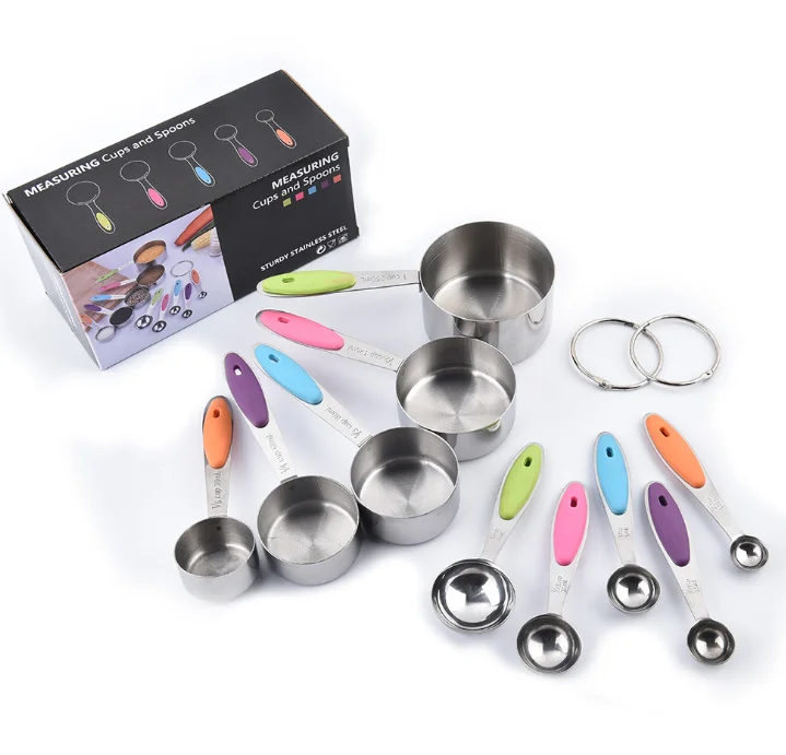 

10 pcs Stainless Steel Measuring Cup And Spoon Set With Silicone Grips Baking Gadgets Spoon