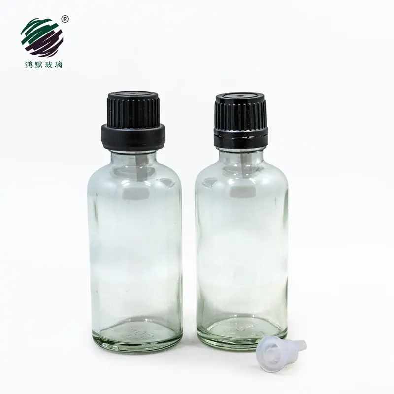 

OEM clear glass 50ml essential oil Cylindrical round shoulder aluminum cap dropper bottle with plastic tamper proof cap