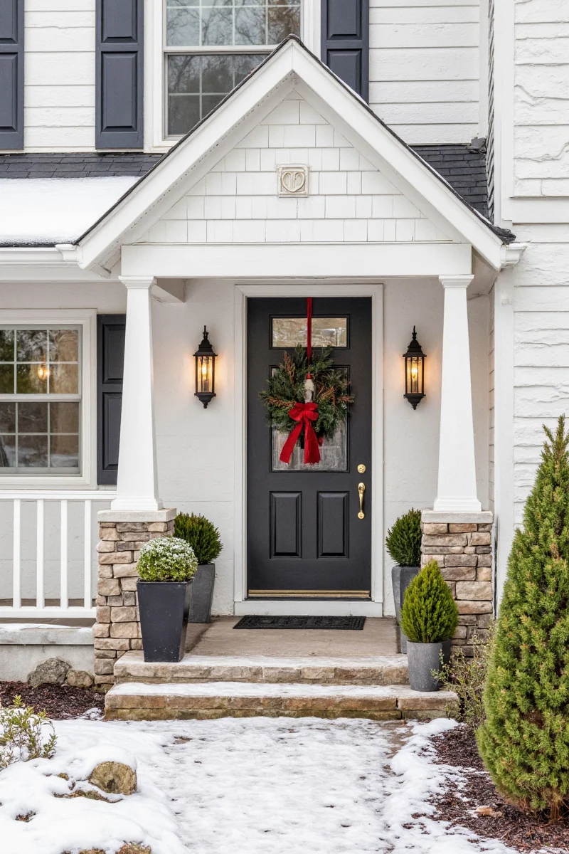 Front door with large evergreen wreath and red bow