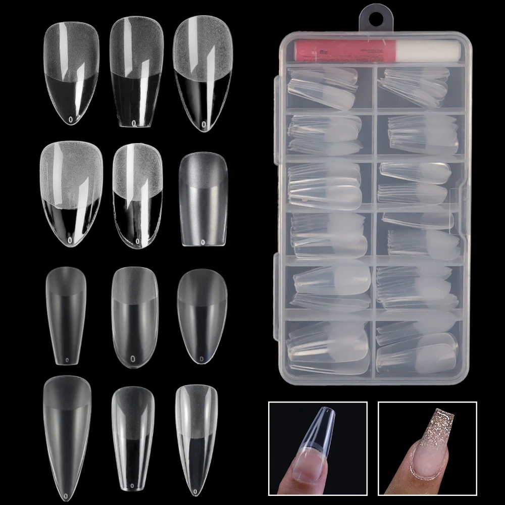 

Full Cover Artificial Long Clear Display Press On Coverage Duck Oval Stiletto Nails Tip Set French Frosted Coffin Nail Tips