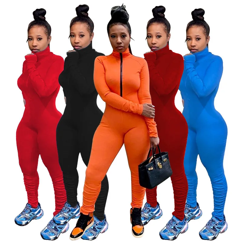

Trendy long sleeve rib knit zipper stacked pants sexy 2020 jumpsuit women rompers, Customized color