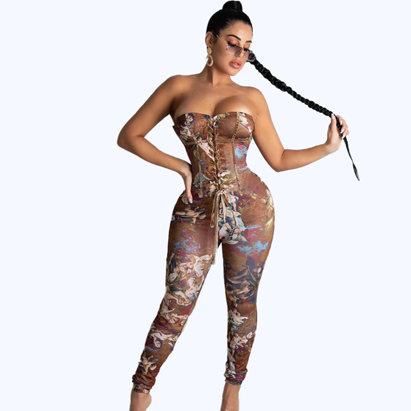 

New Arrivals Summer Fashion Collarless Sleeveless Strings Bandage Jumpsuits Digital Printing Women Romper Jumpsuit Wholesale, Picture