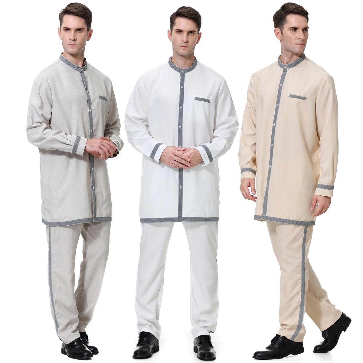 

Muslim men robe suit top trousers satin muslim prayer suit clothes