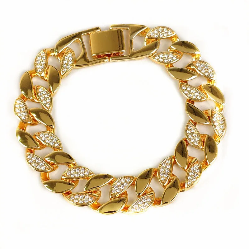 

Bargain price European and American style alloy gold interval diamond bracelet hip hop cuban link bracelet, Gold,silver