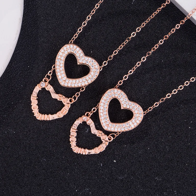 

925 Silver Rose Gold Filled Diamond Double Heart Pendant Necklace Bored Without You Crystal Heart Necklace for Valentine Jewelry