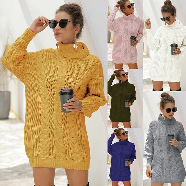 

2021 Wholesale Ladies Long Jumper Rib Sleeve Knitted Knitwear Turtle Neck Loose Retro Women Sweater, Customized color