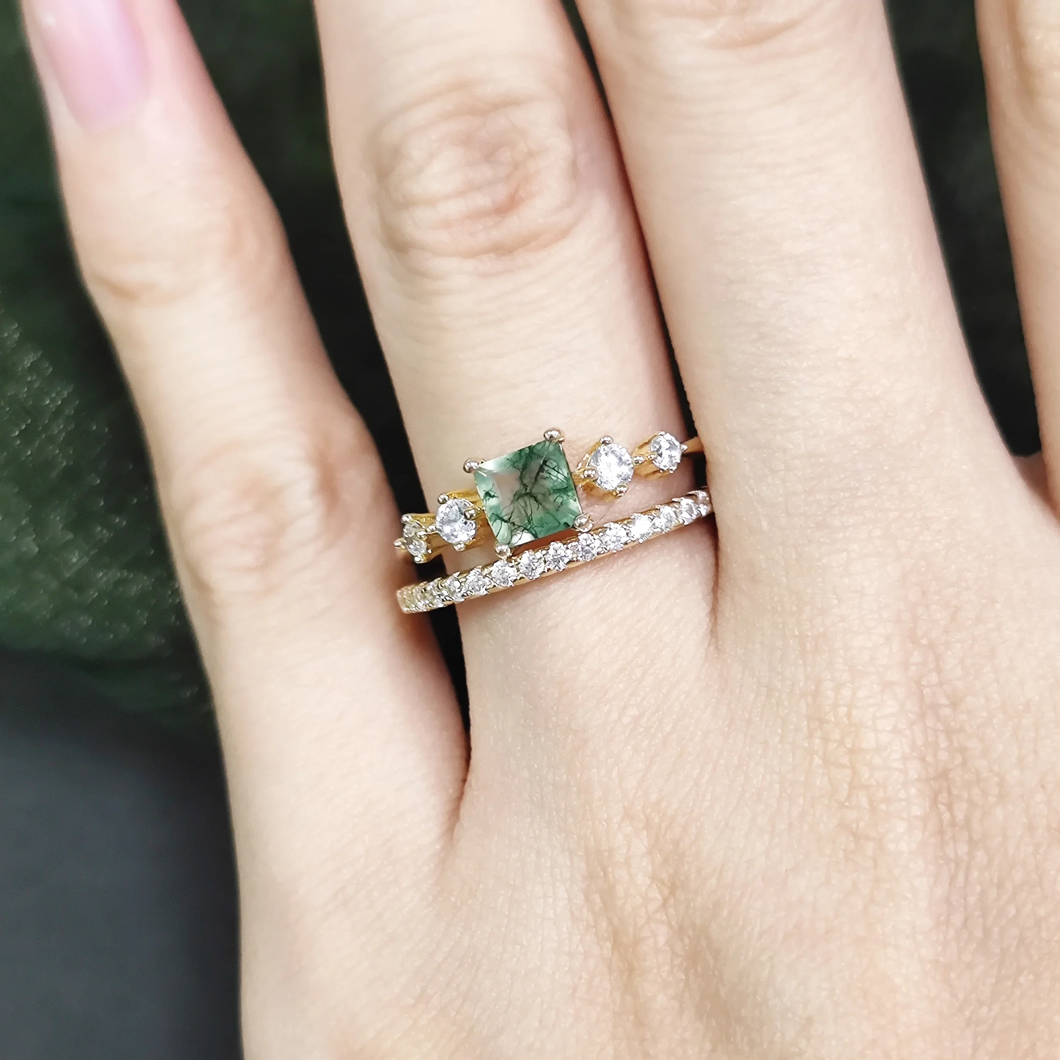 

Abiding Fine Jewelry 925 Pure Silver Stack Rings Set Square Cut Natural Green Moss Agate Wedding Dainty Stacking Ring