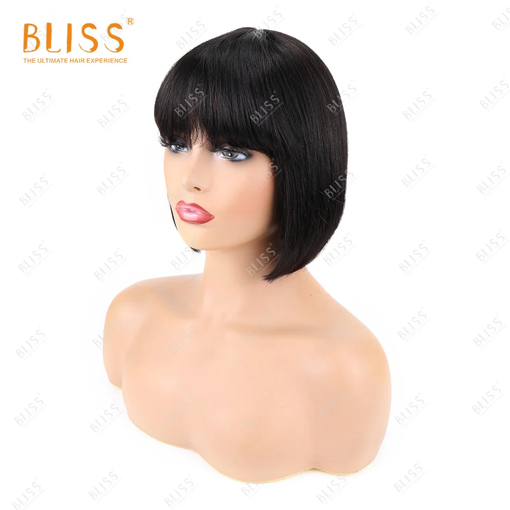 

Bliss Blunt Cut Short Bob Wig With Flat Bangs Humain Cuticle Aligned Brazilian Remy Hair Short Bob Bang Wigs For Black Women