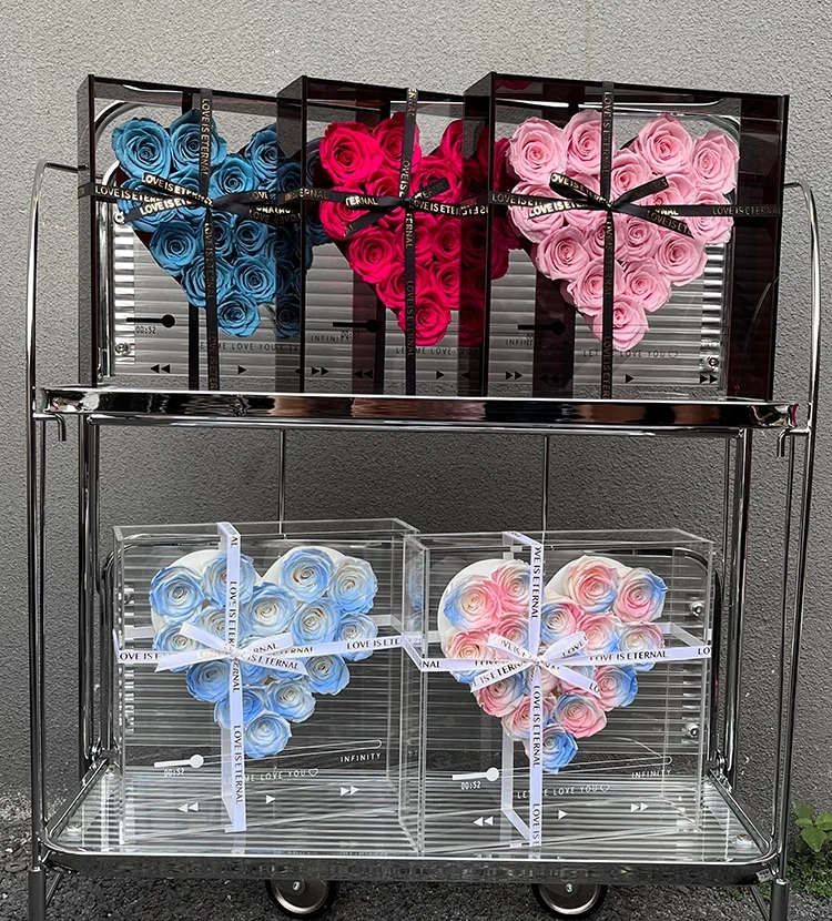 

Hot sale handmade preserved flowers eternal rose in CD acrylic box romantic Valentine day rose flower gift set with carry bag