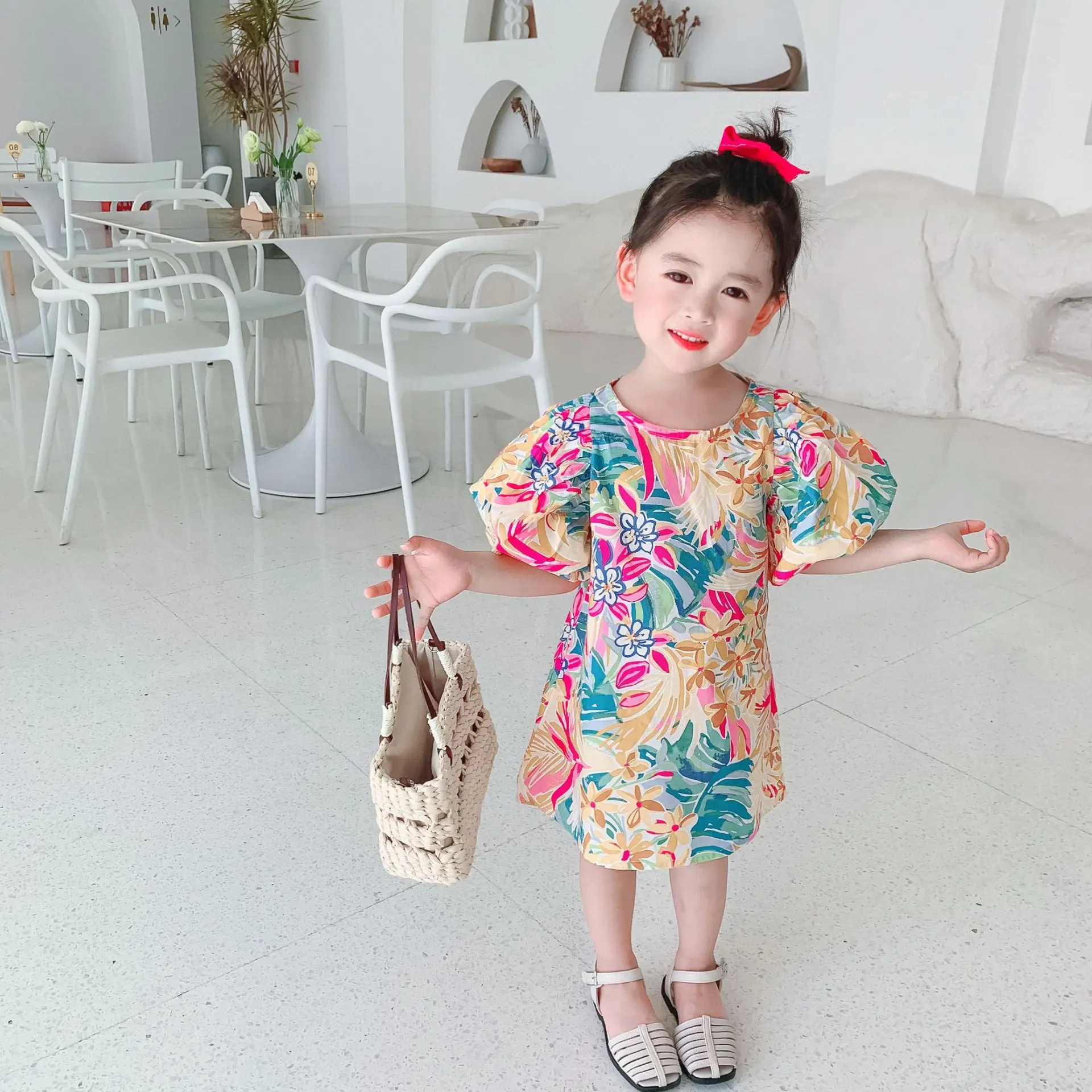 

KML2103257 new arrival summer little girls dresses puff sleeve multi color infant kids clothing beach ware boutiques