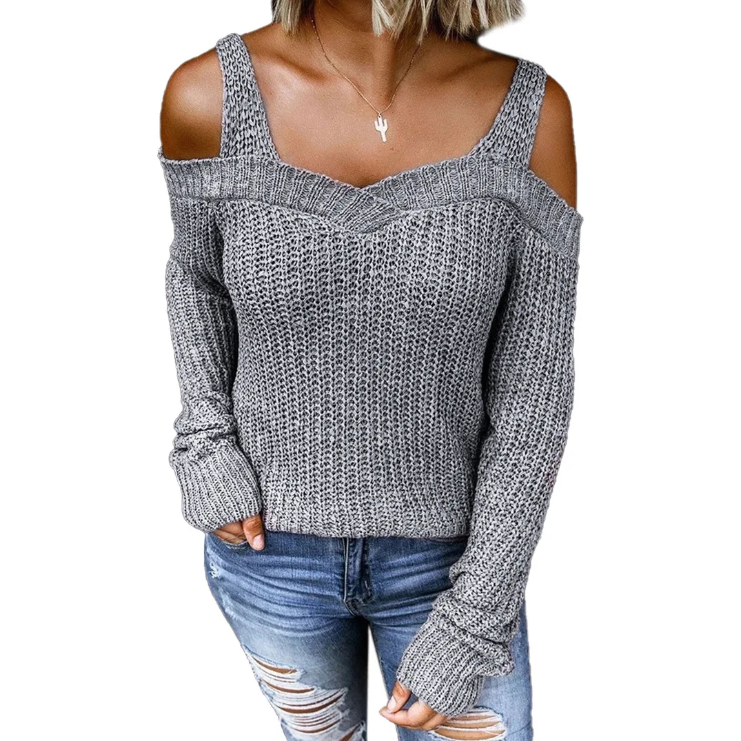 

Hot selling women's clothing 2021 autumn new sexy suspender off shoulder sweater solid color casual long sleeve sweater