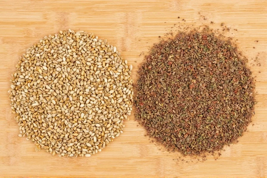 Side-by-side comparison of coriander seeds and cumin seeds showing their distinct shapes and colors on a wooden cutting board