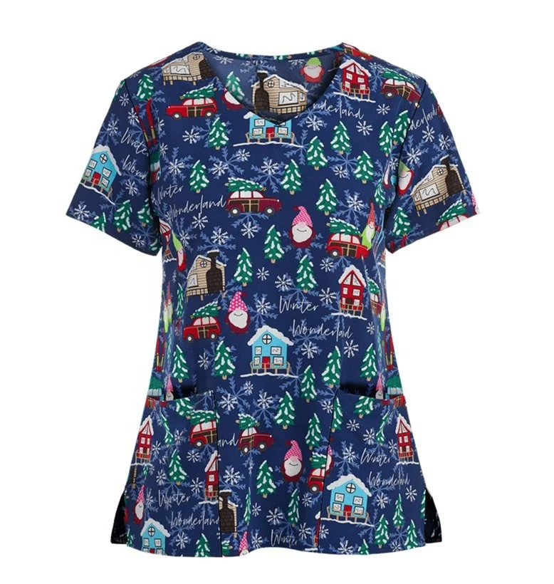 

2021 Christmas printed colors polyester stretch uniform suit pattern nursing nurses medical top Christmas scrubs