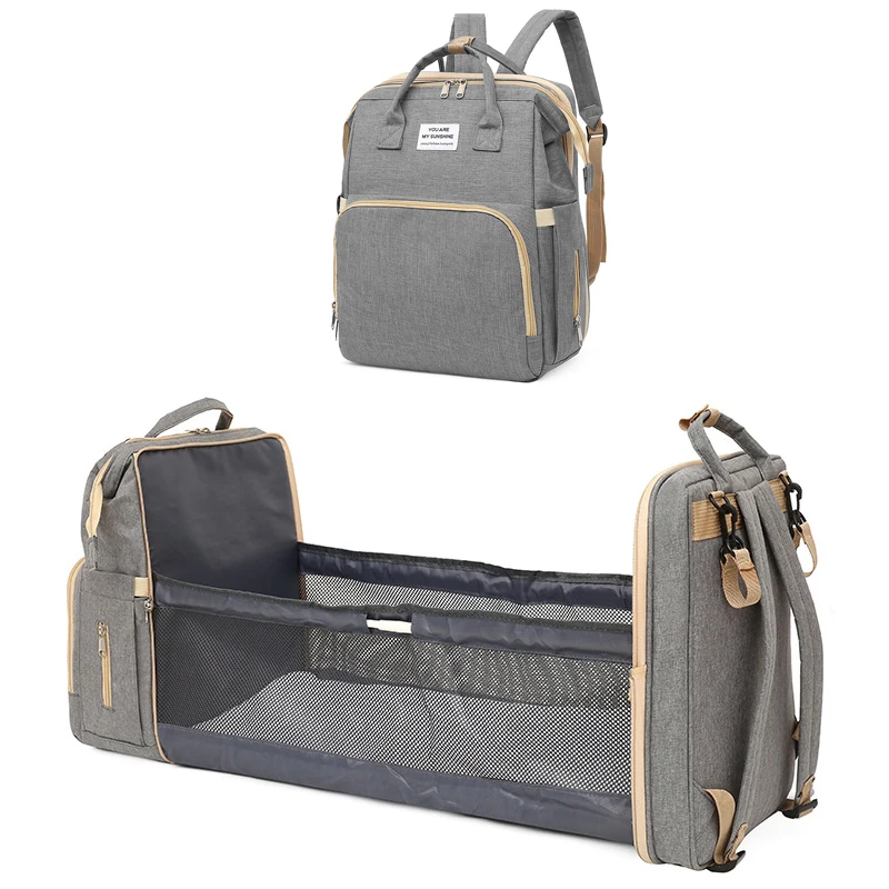 

0903 Wholesale Portable Waterproof Mummy Back Pack Large Capacity Mom Backpack Foldable Baby Crib Bed Diaper Bag