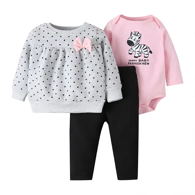 

RTS Ins Hot Sale Item Autumn Sweet Style Bow Animal Printed Windproof Sweater Baby Girl Clothing 3 Pieces Set