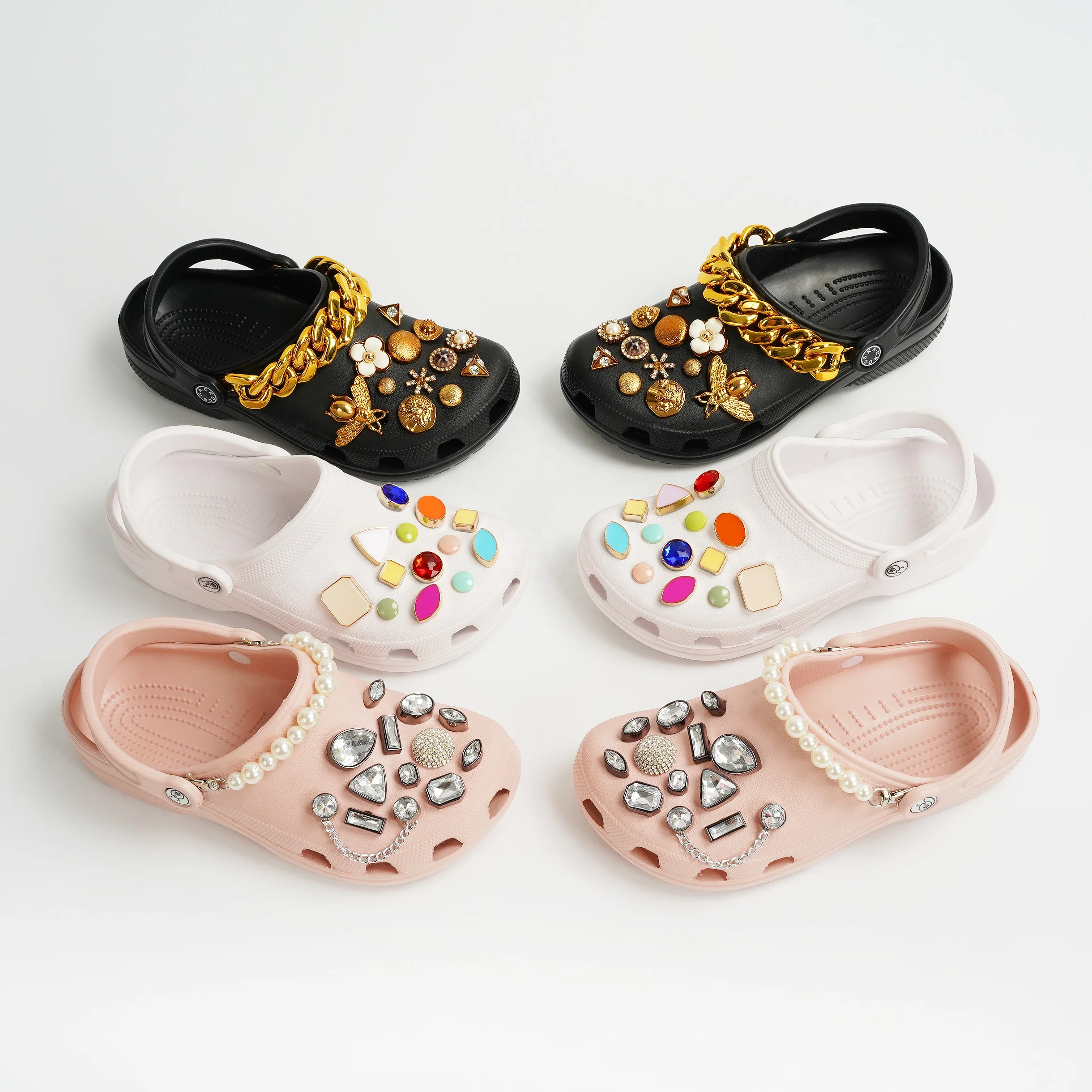 

Wholesale price clogs shoes decoration metal bling crystal luxury gold chain charms designer clogs charms for women