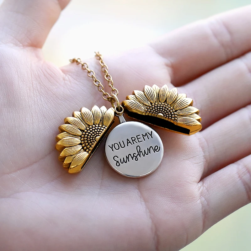 

You Are My Sunshine Sunflower Necklaces For Women Rose Gold Silver Color Long Chain Sun Flower Female Pendant Necklace Jewelry, Picture shows