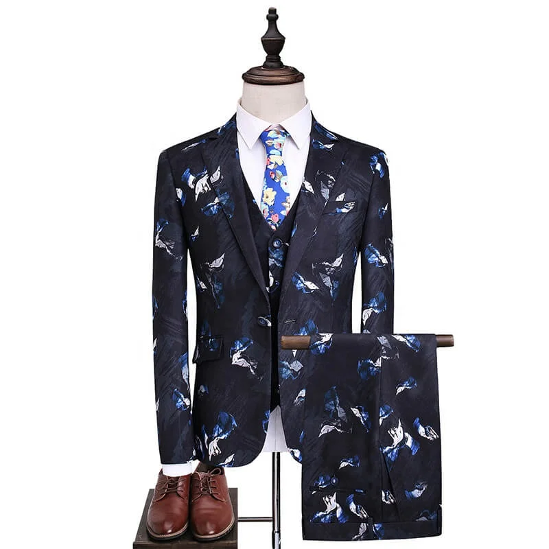 

2019 latest design printing TR fabric 3 piece slim fit coat pant men suit for groom wedding