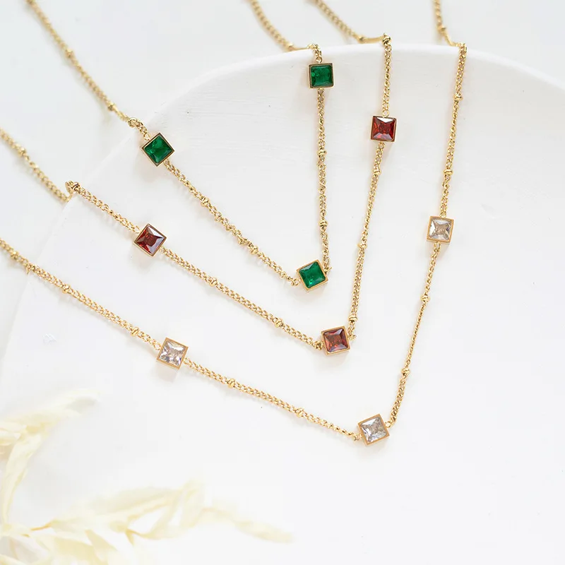 

High quality anti-allergy 14k pure gold plated stainless steel chain green zircon choker necklace for women fashion jewelry