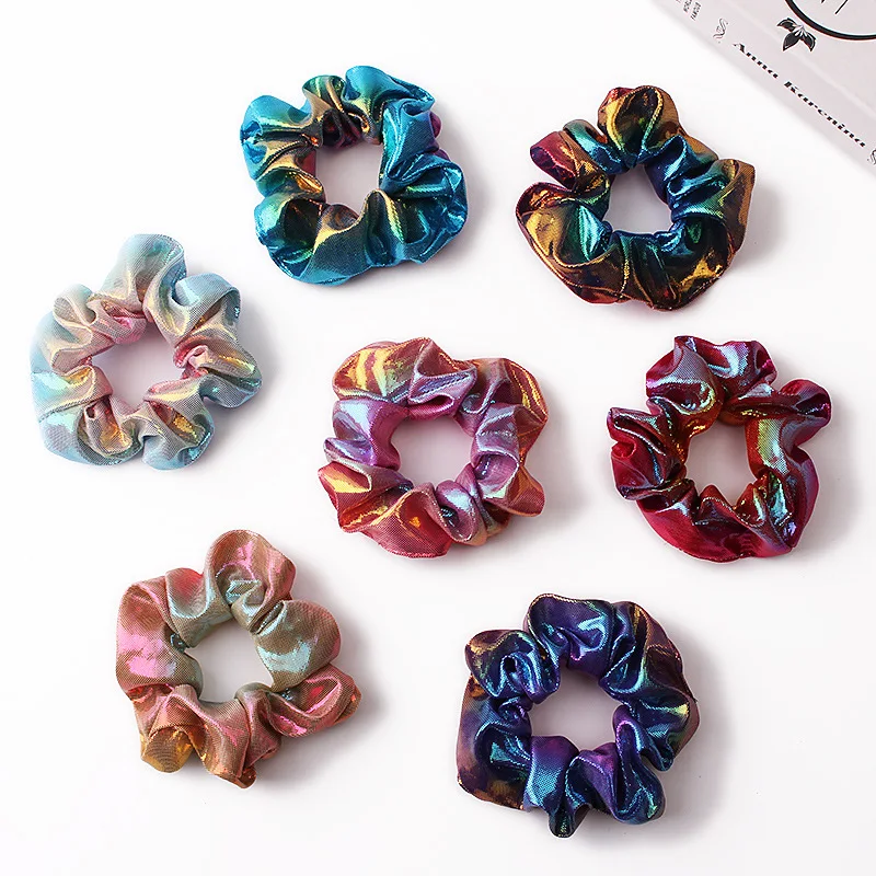 metal color rainbow laser designed custom scrunchies fabric elastic wholesale fashion scrunchies