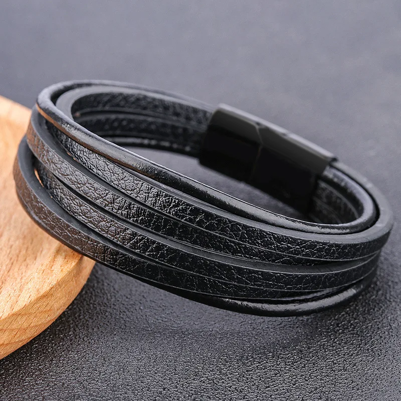 

New Punk Multi-Layer PU Leather Bracelet with Magnetic Buckle Braiding Silver Black Clasp Leather Bracelet For Men Male