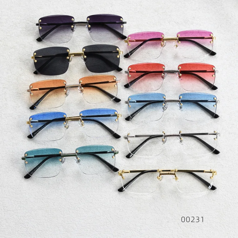 

0231 Top Brand Stylish Frameless trendy Square luxury Sun Glasses Quality rimless sunglasses men women 2024