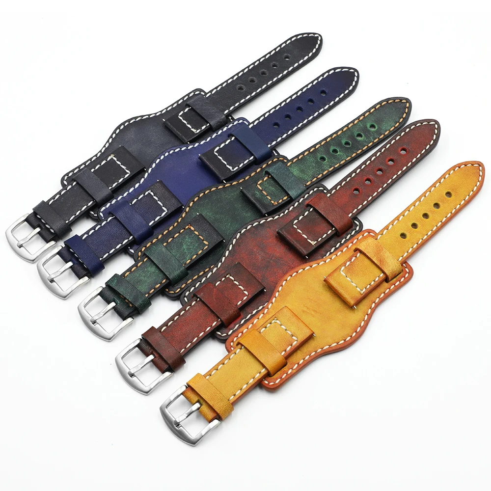 

Bund Padded Vintage Genuine Leather Watch Strap 18 20 22mm Retro Style Handmade Dyed Watch Band Fadded Effect Watch Straps