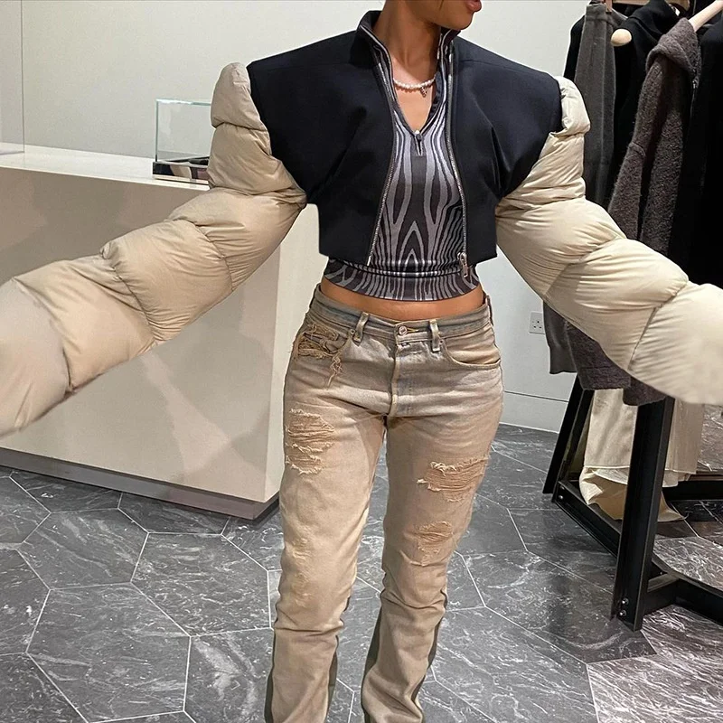 

OUDINA Wholesale Fashion Winter New Warm Patchwork Down Puffer Coats Padded Jacket Women Crop Coat, Khaki/green