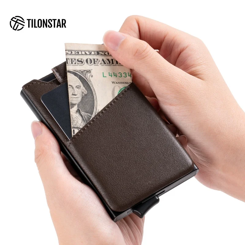 

New Slim Card Protector With Money Pocket Business Card Case Rfid Blocking Wallet Men Leather Card Holders Aluminum Wallet
