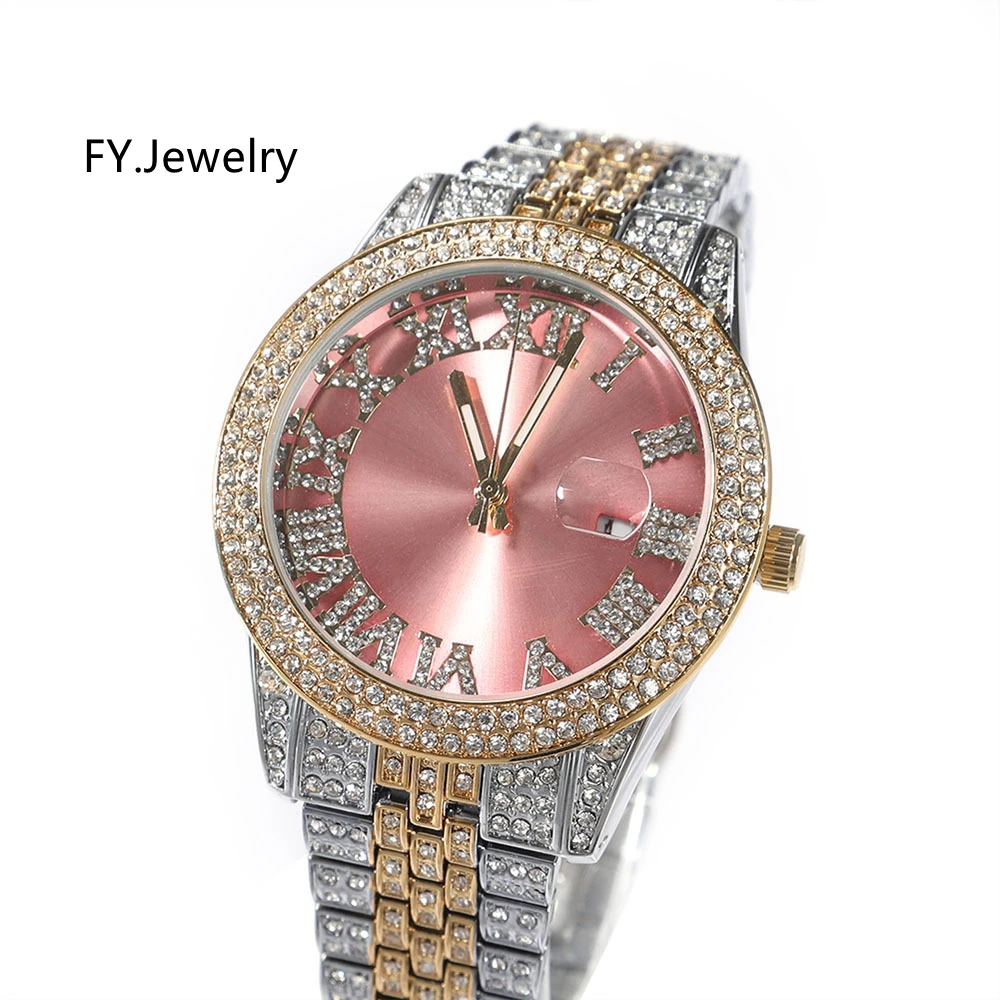 

2022 Iced Out Baby Pink Women Watches Bling Watch with Purple Dial Bling Bling Hip Hop Watches