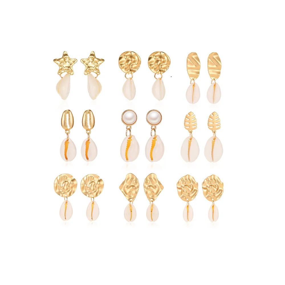

2020 Cheap Round Star Matte Gold Slice Shell Drop Earrings Natural Sea Cowrie Shell Earrings