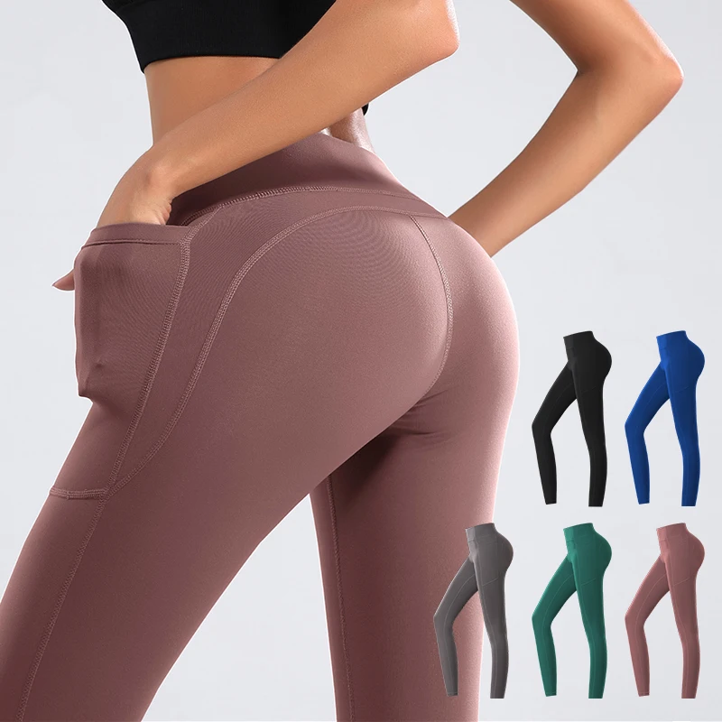 

Stock women skinny breathable sport gym seamless leggings yoga pants with pockets