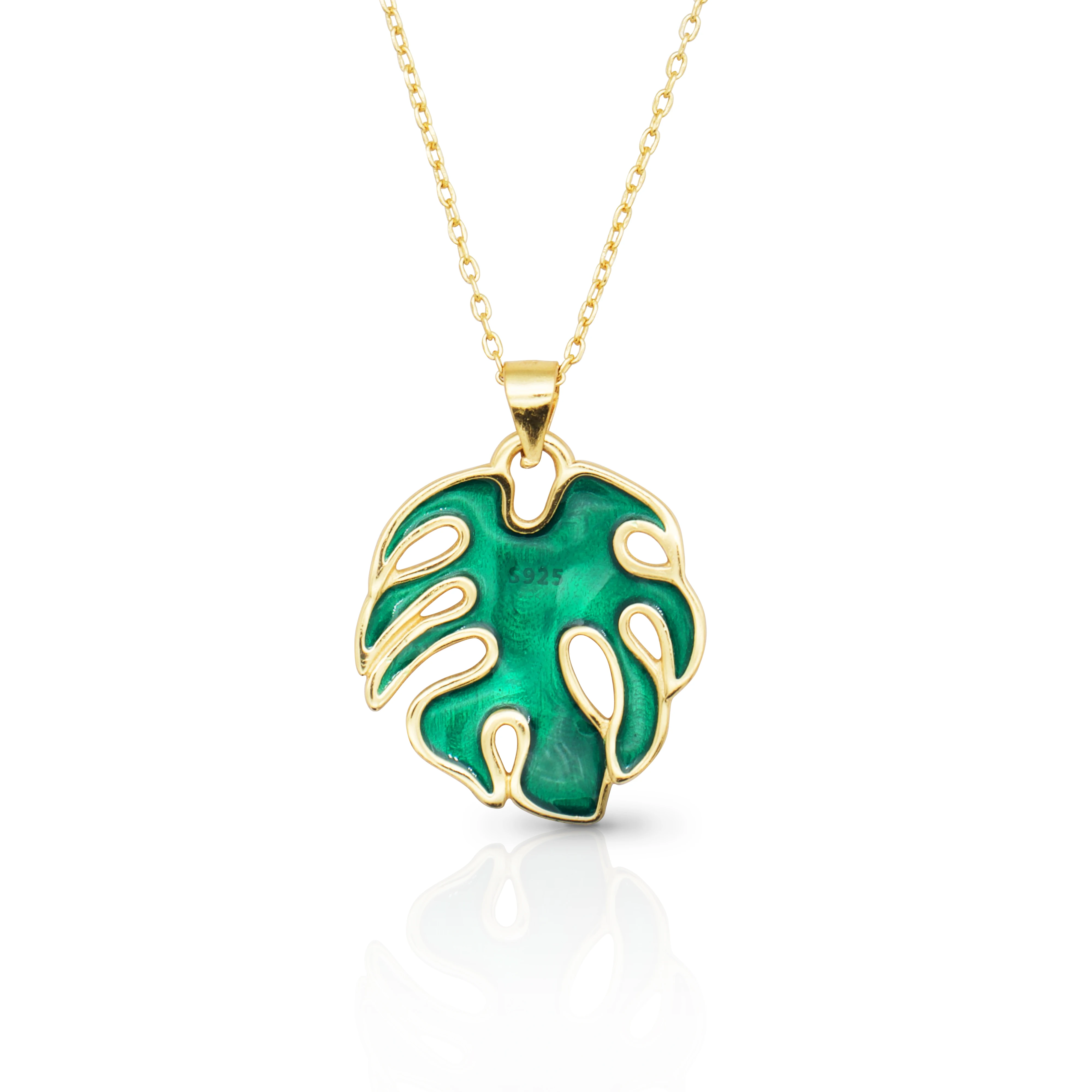 

Chris April Trendy 925 sterling silver 14k gold plated enameled leaves custom fashion jewelry pendant necklaces, Yellow gold