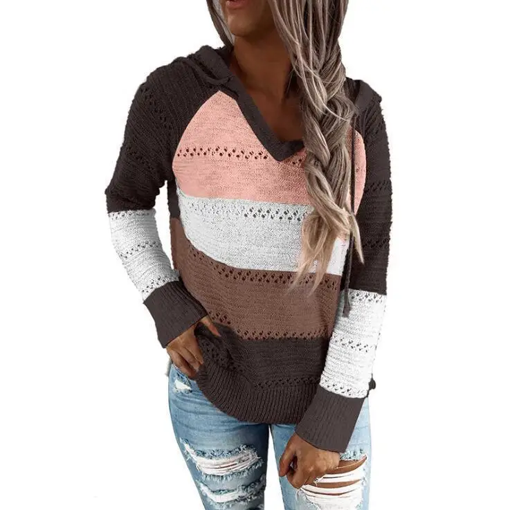 

2021 new arrivals Wholesale Winter Fall women's sweaters Women Long Sleeves Striped Knitted Hoodie Sweater