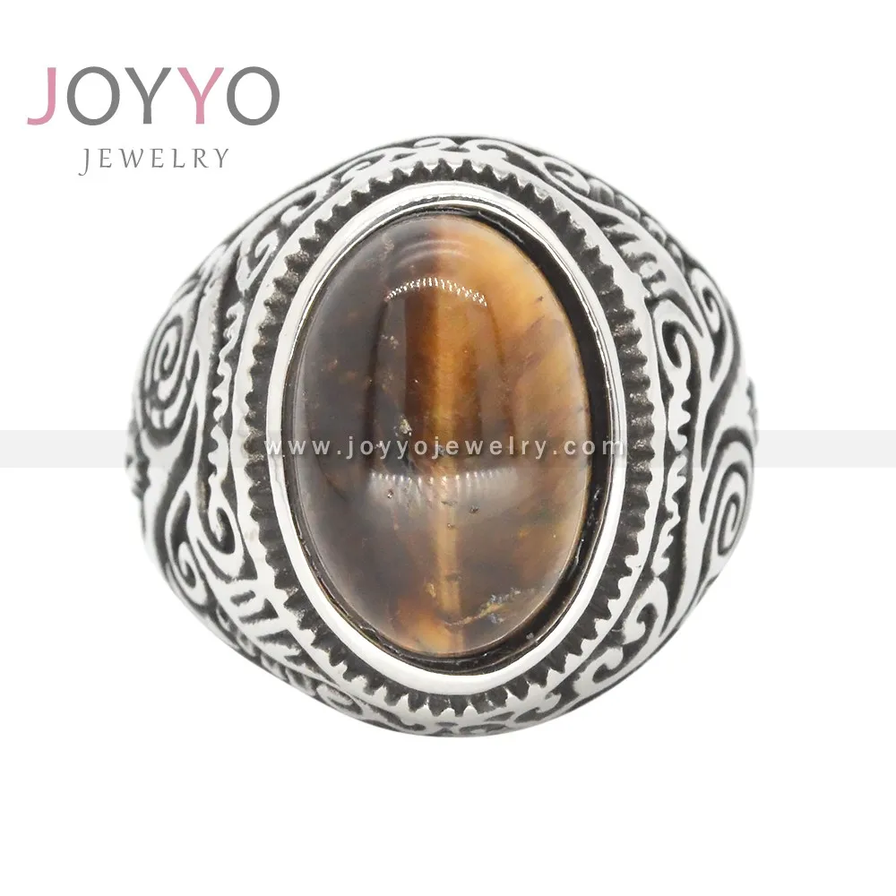 

Turkey Jewelry Opal Agate Ring Vintage Men Stainless Steel Ring Hiphop Flame Pattern Tiger Eye Ring