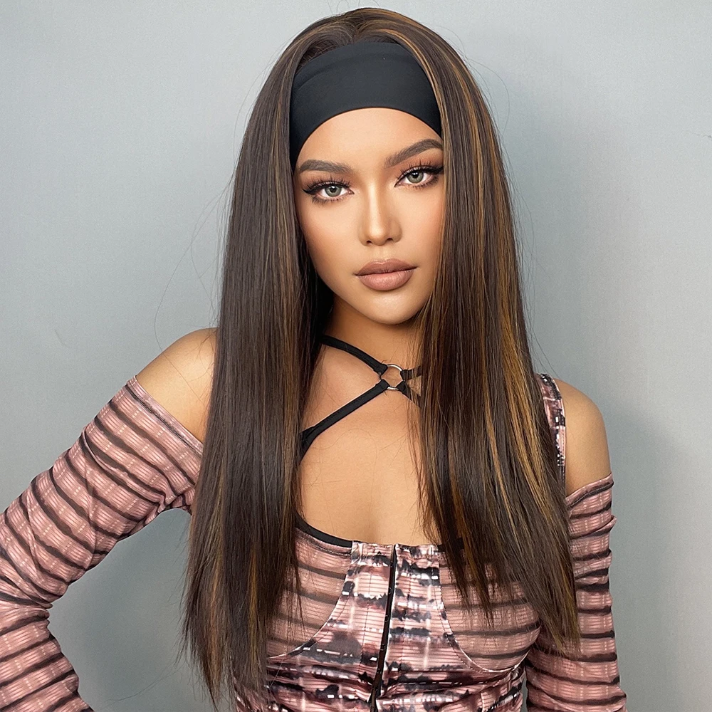 Dark Brown Highlight Headband Synthetic Wigs Long Straight Heat Resistant Headband Hair Wig for Women Daily/Cosplay Wig Headband