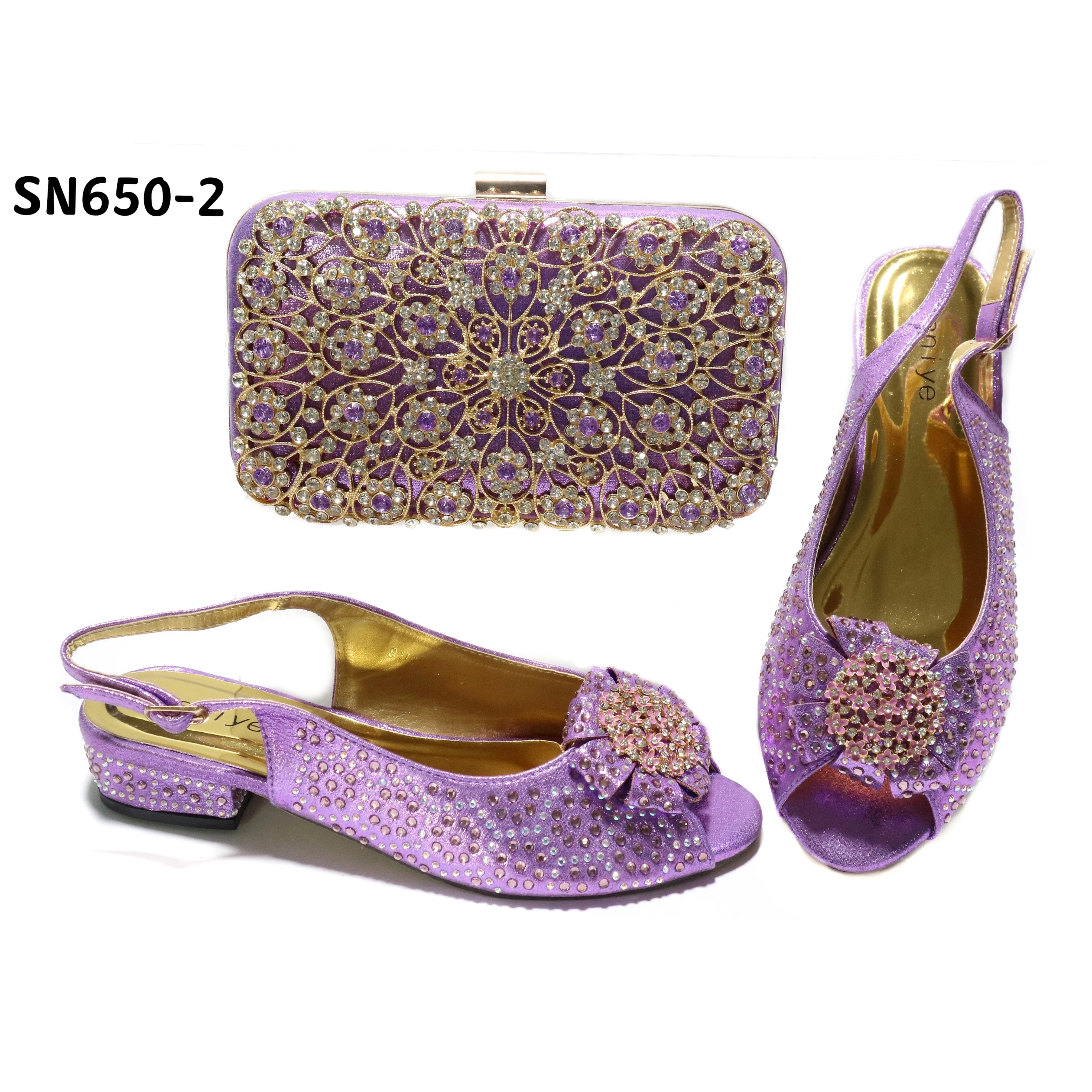 

Lilac new available matching shoes and bags pu leather low heels women's party shoe and bag set 2021 crystal clutch sheos bag