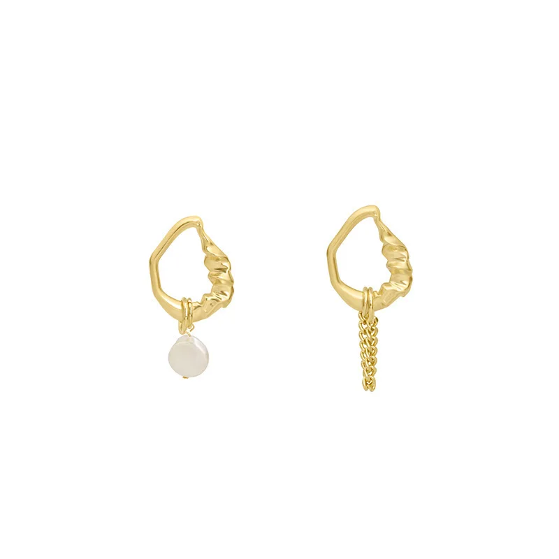 

French Style Matte Gold Plating Irregular Hoop Earrings Asymmetric Geometric Circle White Pearl Dangle Earrings