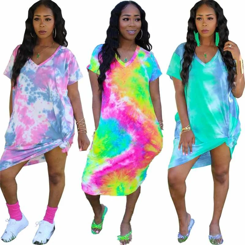 

women tie dye dress short sleeve v neck casual dress streetwear sexy dresses candy color, Picture color