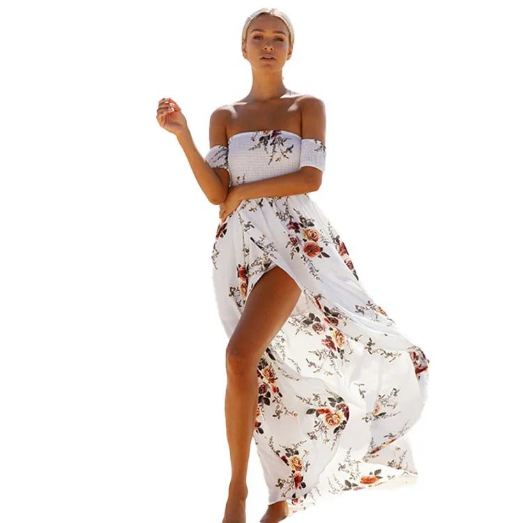 

Hot Style Wrapped Chest Short Sleeve Printed Dress Shirring Split Dress Women